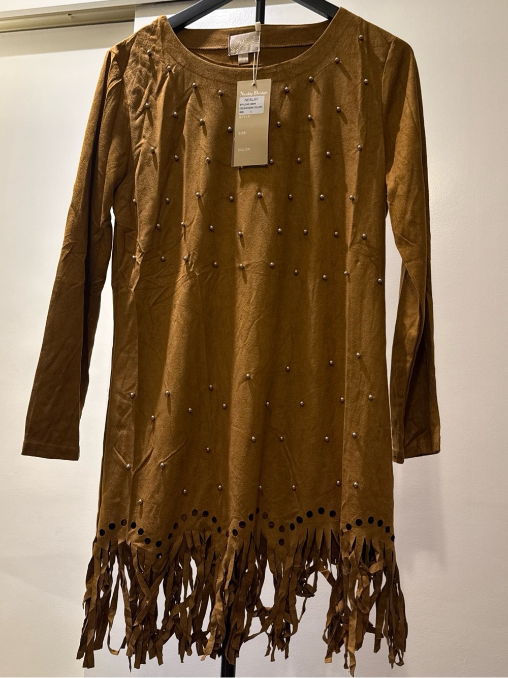 Neslay Boho Faux Suede Fringe Studded Western Dress - size M NWT